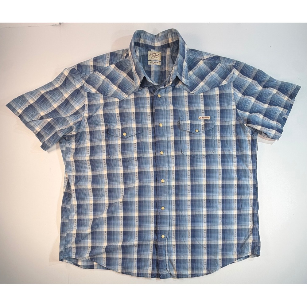 Lucky Brand Mens Western Pearl Snap Shirt XXL Blue Plaid Short Sleeve Cotton